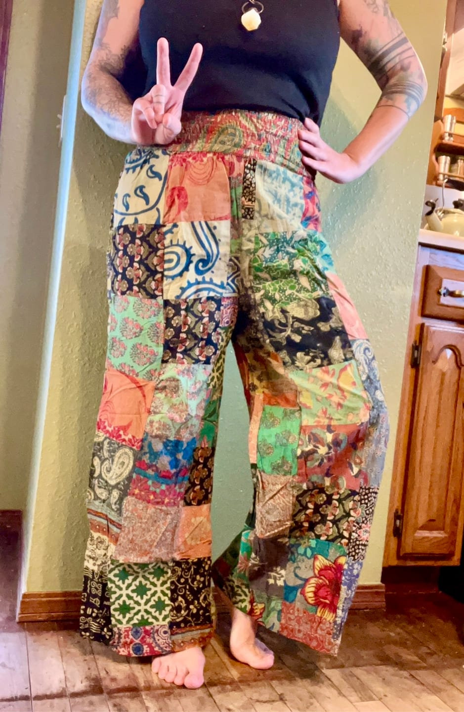 Customer photo review of Cotton Print Patchwork Flare Pants