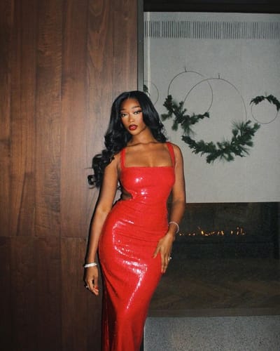 Customer photo review of Eye Catching Sequin Cutout Waist Wide Strap Bacakless Maxi Dress