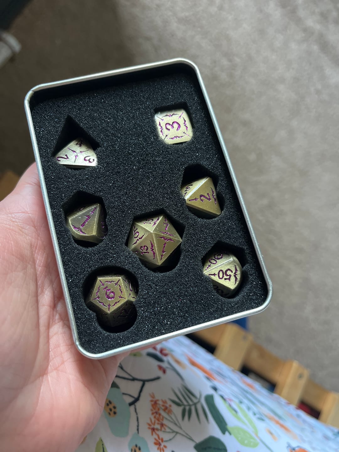 Customer photo review of Blade of the Maiden Metal Dice Set