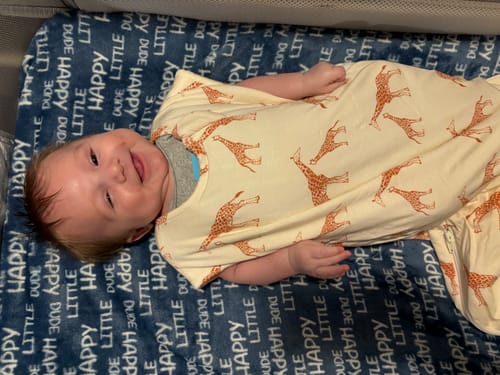 Customer photo review of Bamboo Quilted Sleeveless Baby Sleep Sack TOG 1.0 - Giraffe