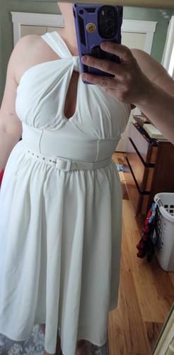 Customer photo review of Golden Era Swing Dress and Chiffon Scarf in Ivory - Vixen by Micheline Pitt