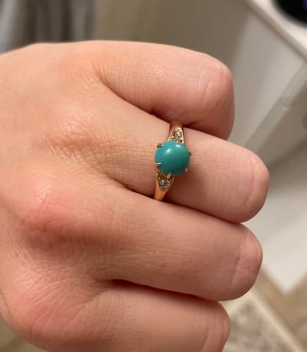Customer photo review of VICTORIAN ANTIQUE 14K YELLOW GOLD TURQUOISE MINE CUT DIAMOND UNIQUE RING 5.5