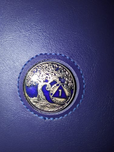 Customer photo review of 1 to 50 Year Sobriety Mint Twisted Tree of Life Gold Plated AA Recovery Medallion/Chip/Coin - Purple