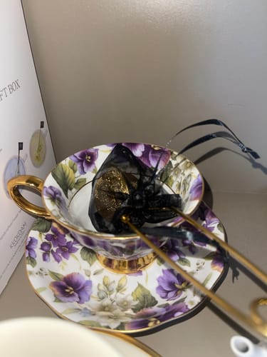 Customer photo review of Purple Pansy Gold Bone China Tea Cup and Saucer