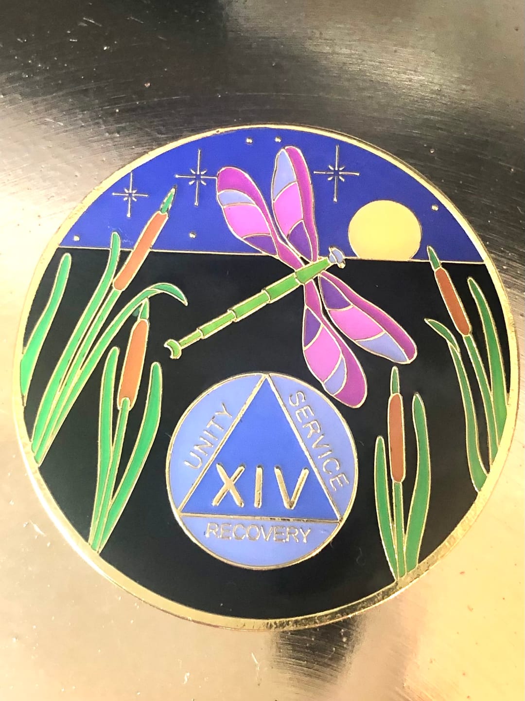 Customer photo review of Dragonfly 9th Step 14 Year Specialty AA Recovery Medallion - Tri-Plated Fourteen Year Chip/Coin
