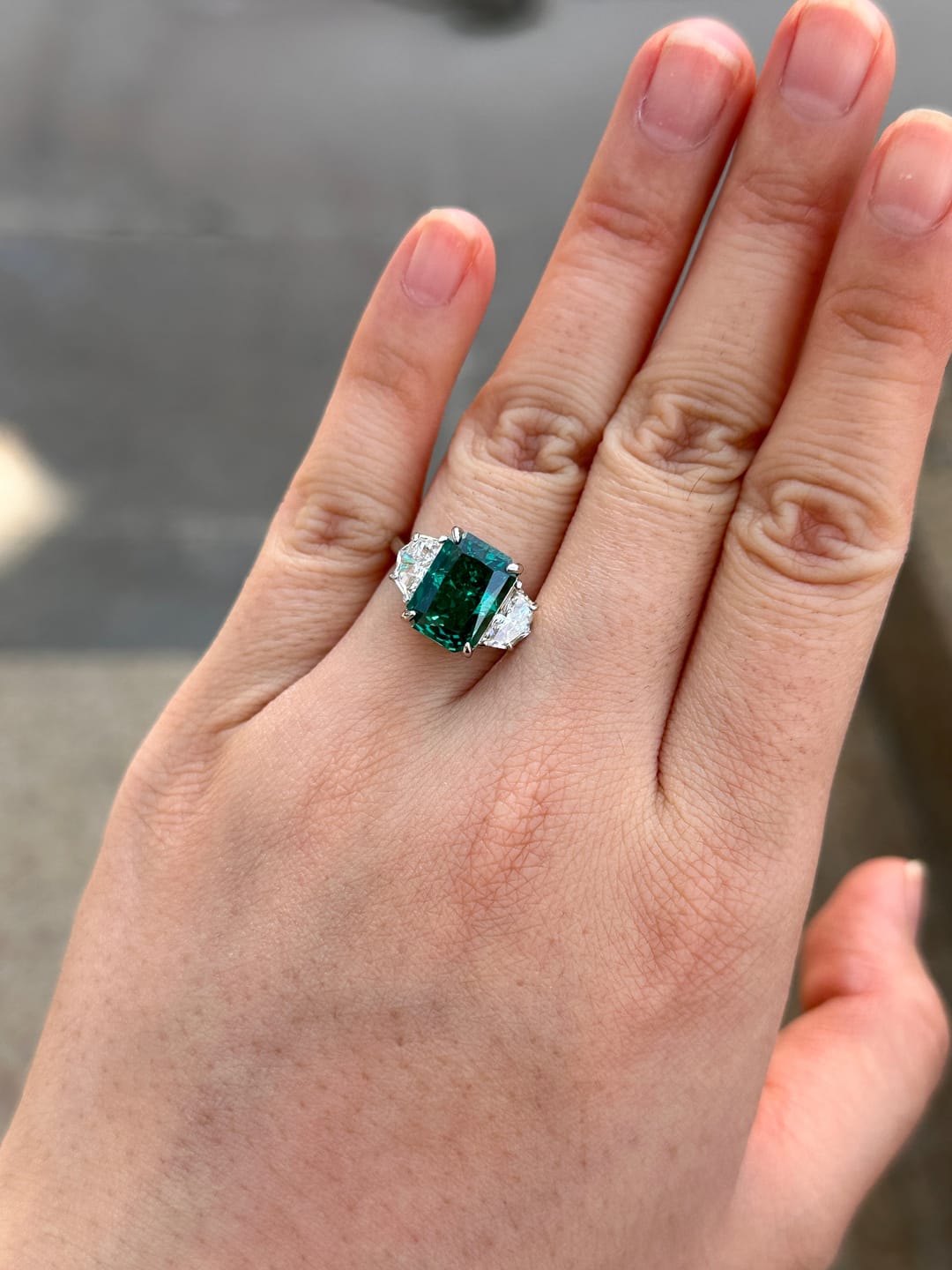 Customer photo review of S925 Paraiba Tourmaline 5 Ct Radiant Cut Three Stone Engagement Ring