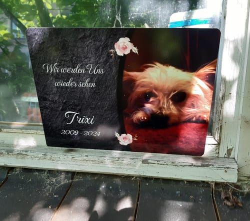 Customer photo review of Hunde Gedenktafel mit Foto & Spruch (UV- & Wetterfest)