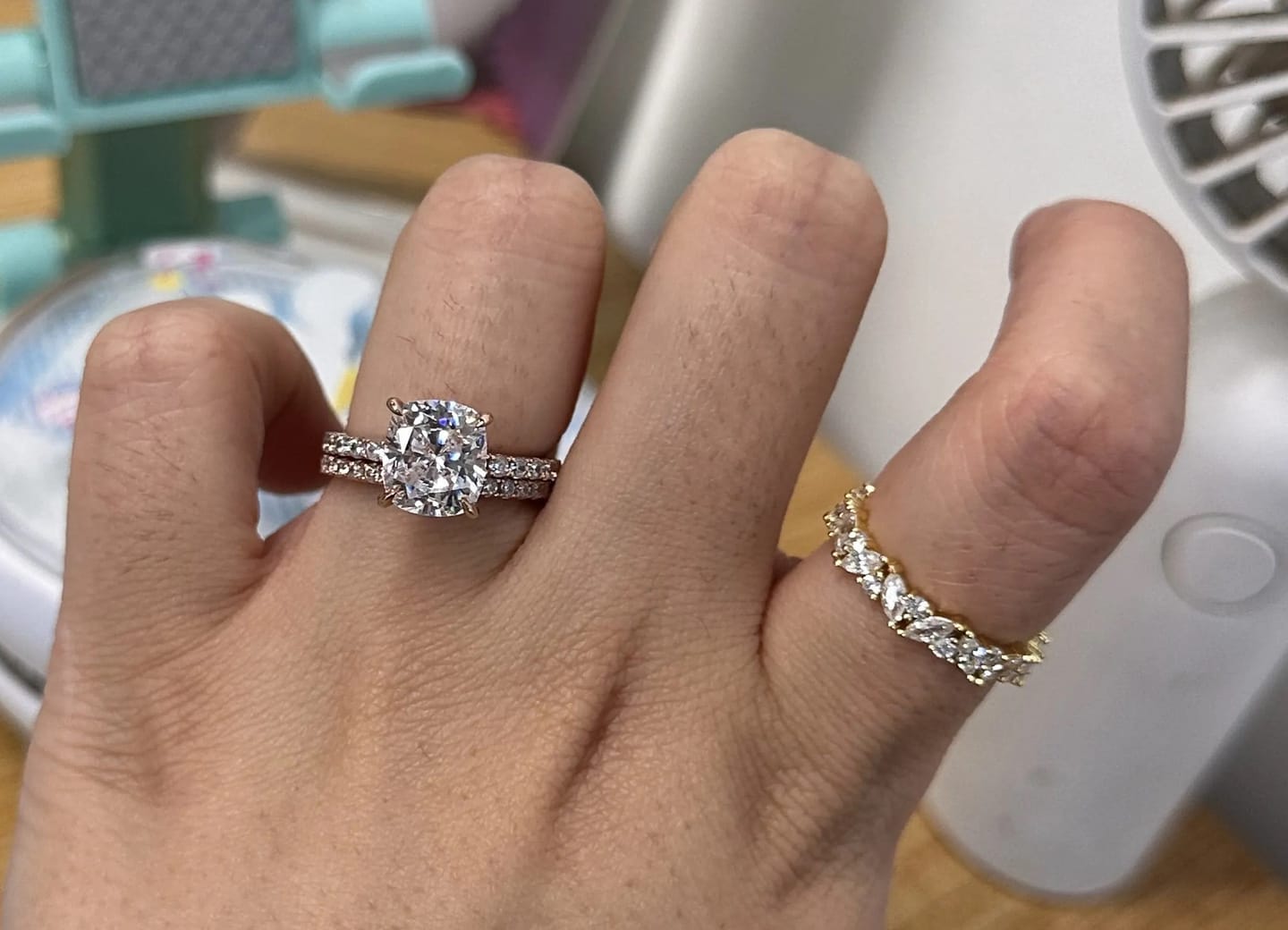 Customer photo review of S925 Classic 3.0 Carat Cushion Cut White Sapphire Wedding Set In Sterling Silver