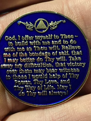 Customer photo review of 2 Year Sobriety Mint Twisted Tree of Life Gold Plated AA Recovery Medallion - Two Year Chip/Coin - Blue