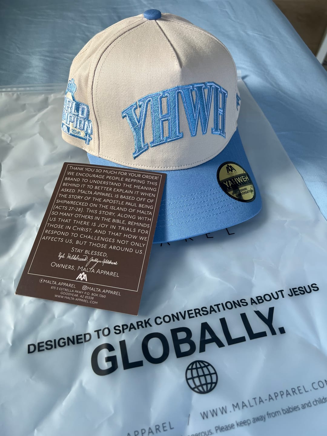 Customer photo review of ‘YHWH’ Structured SnapBack - Cream/Baby Blue