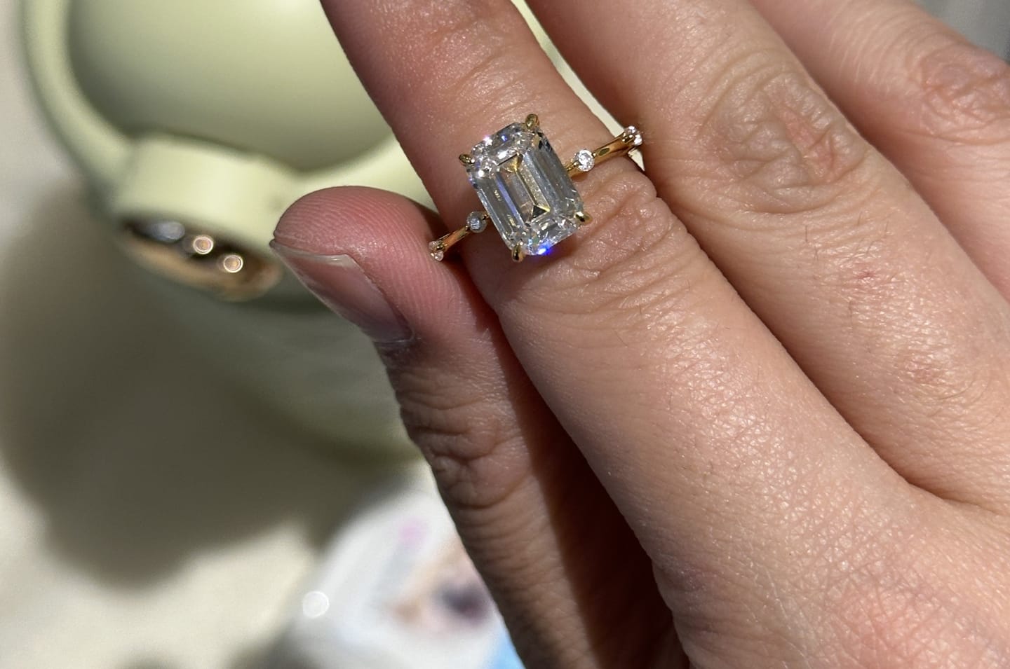 Customer photo review of Louily Unique Emerald Cut Engagement Ring For Women