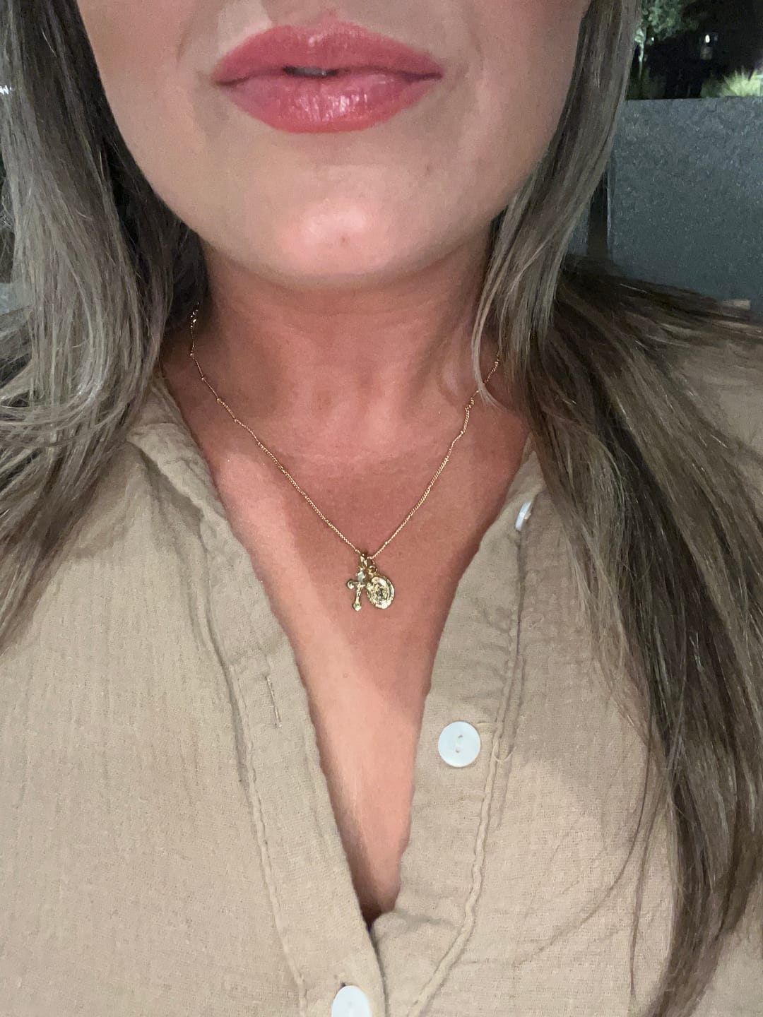 Customer photo review of Petite Miraculous Medal + Petite Crucifix Gold Filled Satellite Chain Necklace