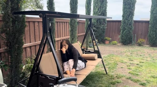 Customer photo review of EROMMY Porch Swing with Hardtop Sunshade, 3 Seat with 2 Side Cup Holder with Cushion, 2 Pillows for Front Outdoor Porch Lawn Khaki