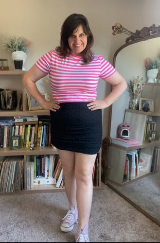 Customer photo review of Bad Girl Crop Top in Pink and White Stripes - Vixen by Micheline Pitt