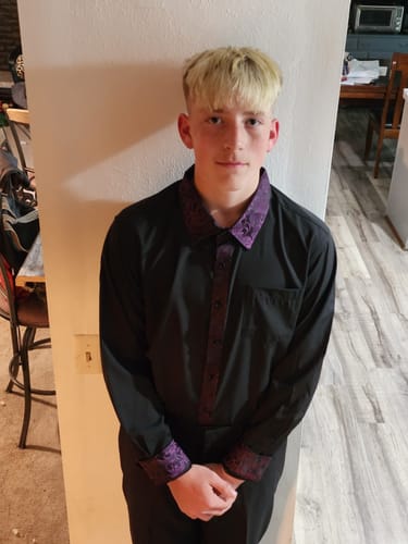 Customer photo review of Splicing Style Black with Purple Floral Edge Men's Long Sleeve Shirt