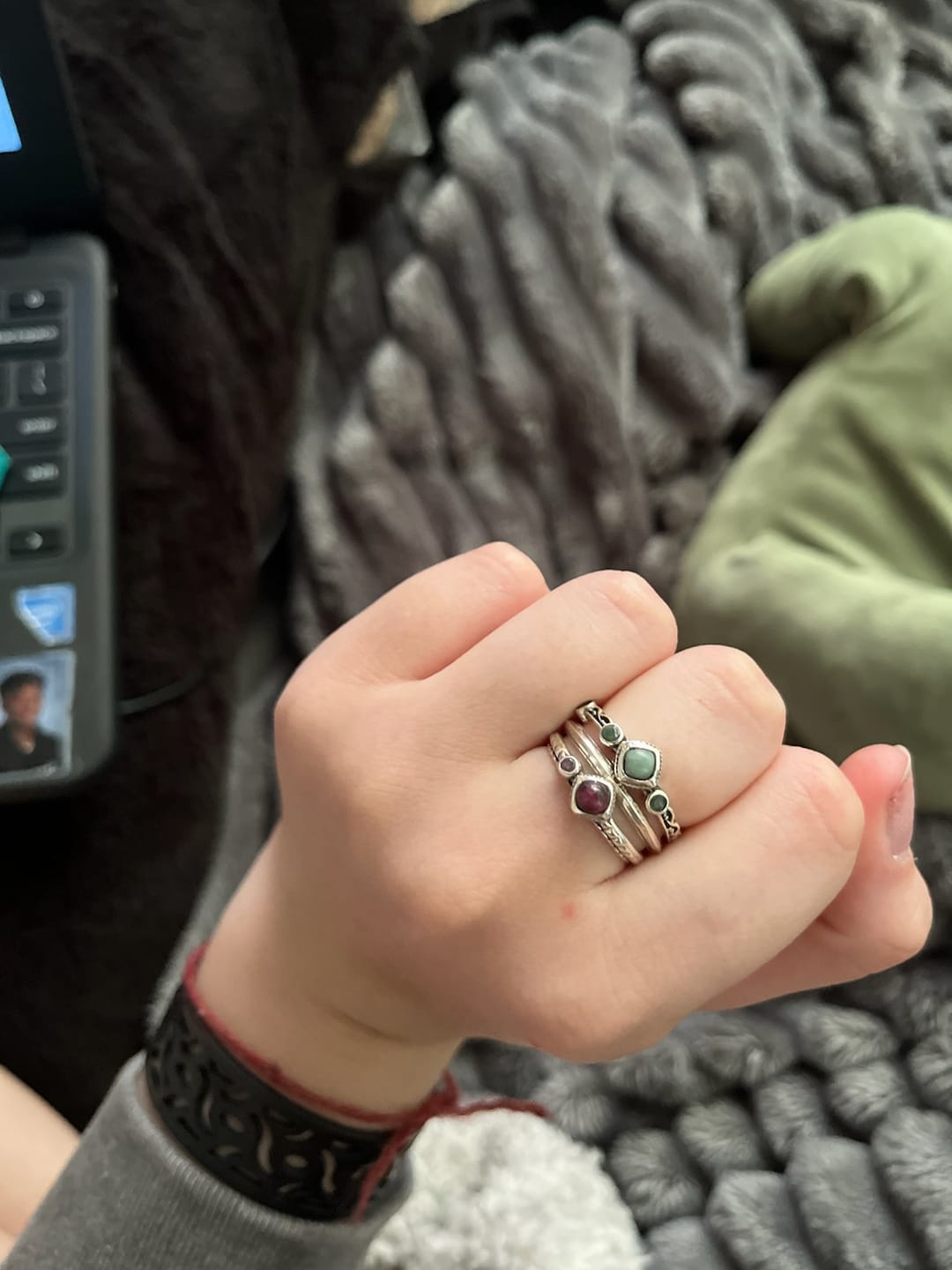 Customer photo review of Ruby and Emerald Stackable Ring Set