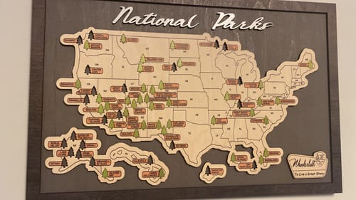 Customer photo review of US Wooden National Parks Travel Map With Trees To Record Park Visits (Light Grey)