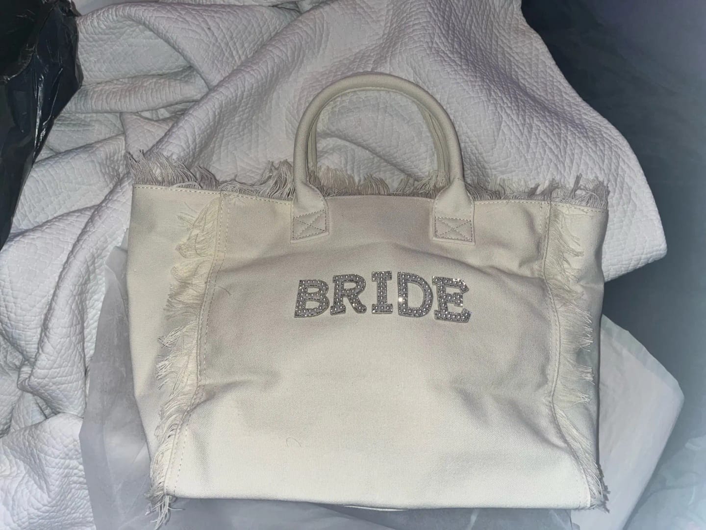 Customer photo review of BRIDE CANVAS TOTE BAG ote for Bride Honeymoon Tote with Last Name Personalized Bride Tote Fringe Bag Canvas Pearl Letters with Rhinestones A-Z