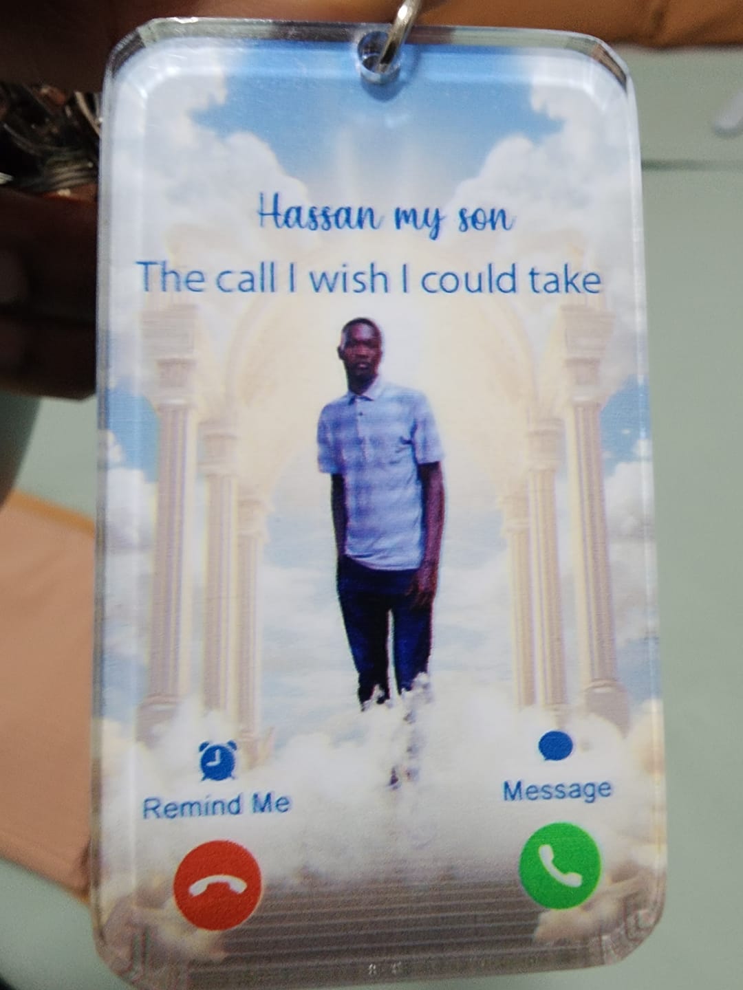 Customer photo review of The Call I Wish I Could Take Memorial Sympathy Gift - Personalized Photo Acrylic Keychain