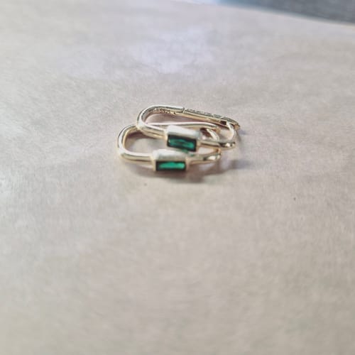 Customer photo review of Emerald Long Baguette Huggie Hoops Earrings