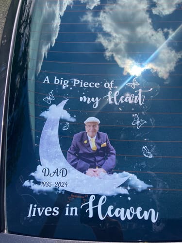 Customer photo review of Memorial Upload Photo On Moon, A Big Piece Of My Heart Lives In Heaven Personalized Decal