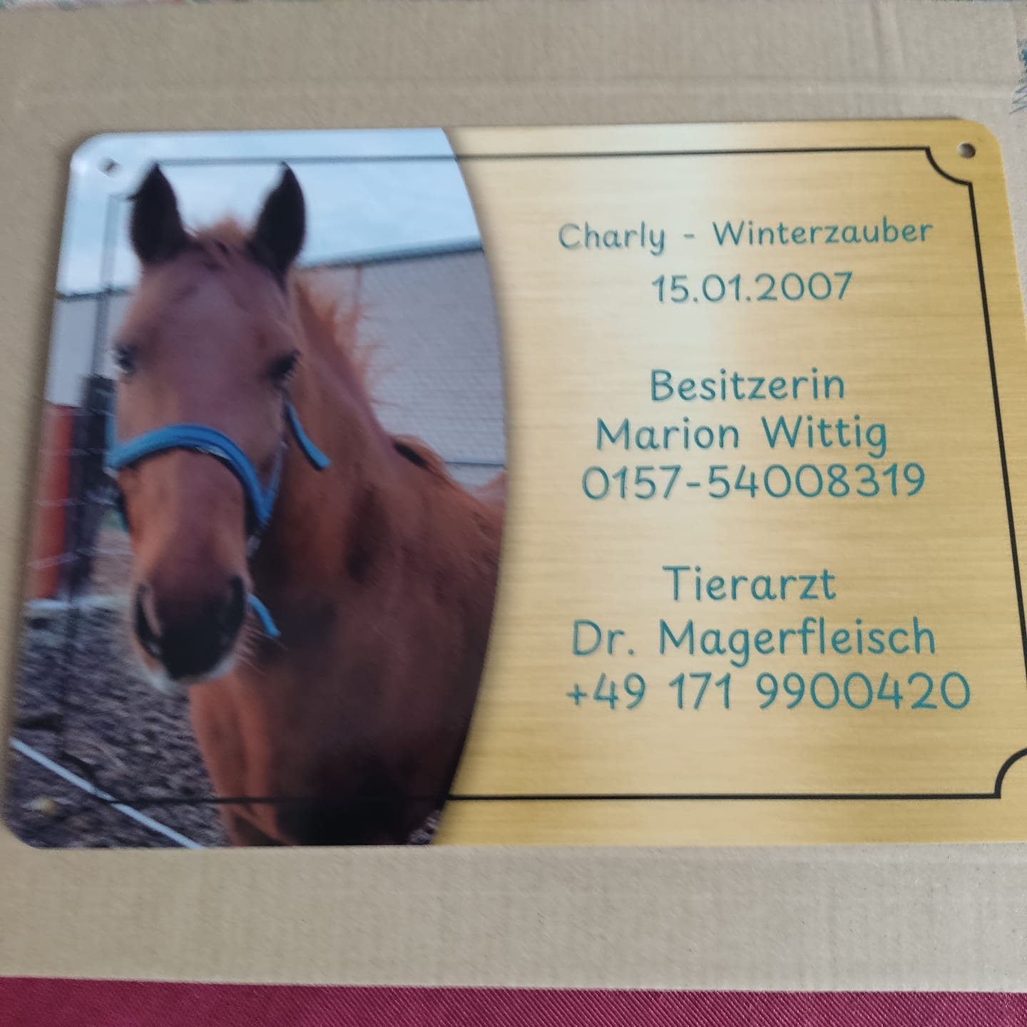 Customer photo review of Pferde Boxenschild mit Foto & Wunschtext