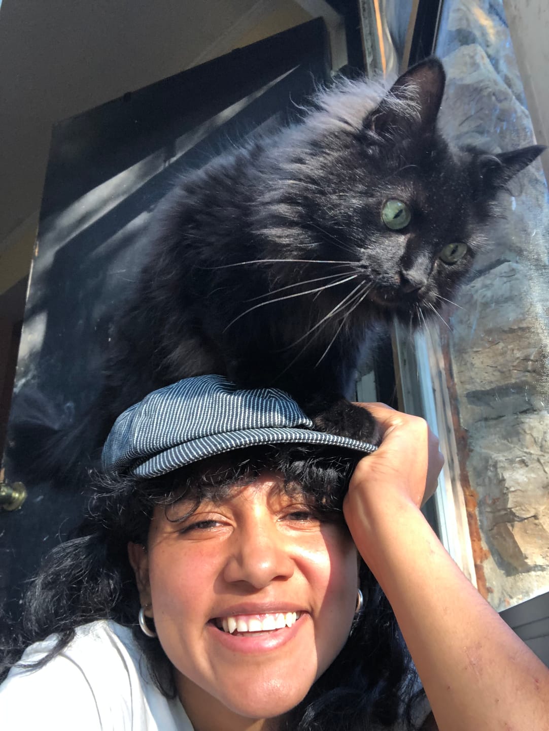 Customer photo review of Striped Denim Newsboy Cap