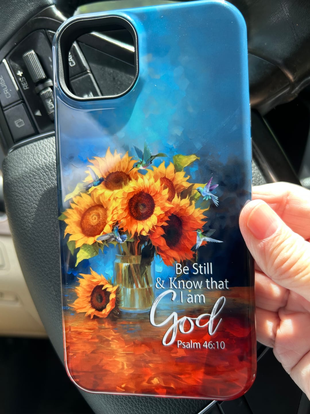 Customer photo review of Be Still and Know That I Am God, Hummingbirds, Vase of Sunflowers, Phone Case