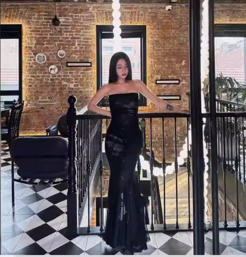 Customer photo review of LaDonna Floral Mesh Mermaid Strapless Maxi Dress