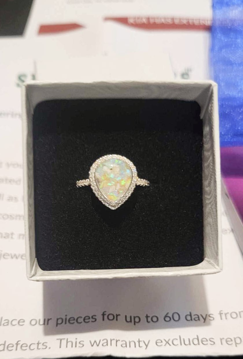 Customer photo review of Bedazzled Pear Opal Ring with Cremation Ashes