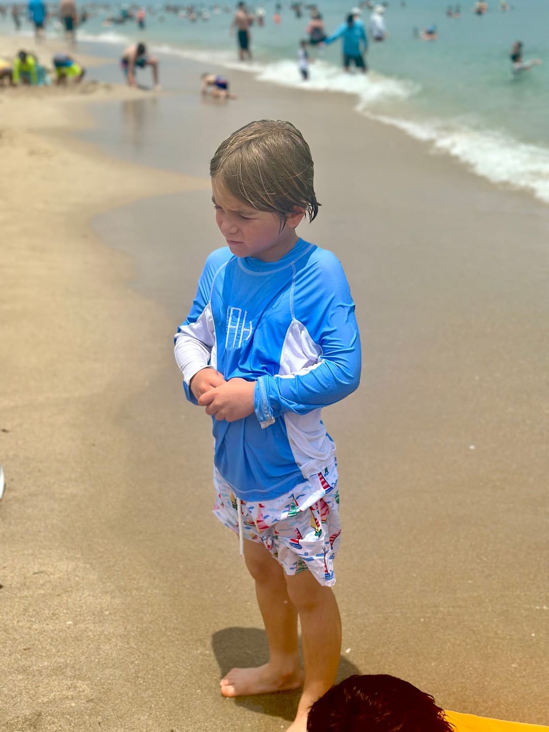 Customer photo review of Watercolor Sailboat Swim Trunks