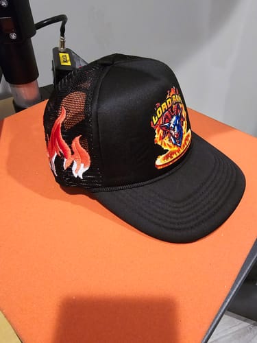 Customer photo review of Embroidery Flame Trucker Hat