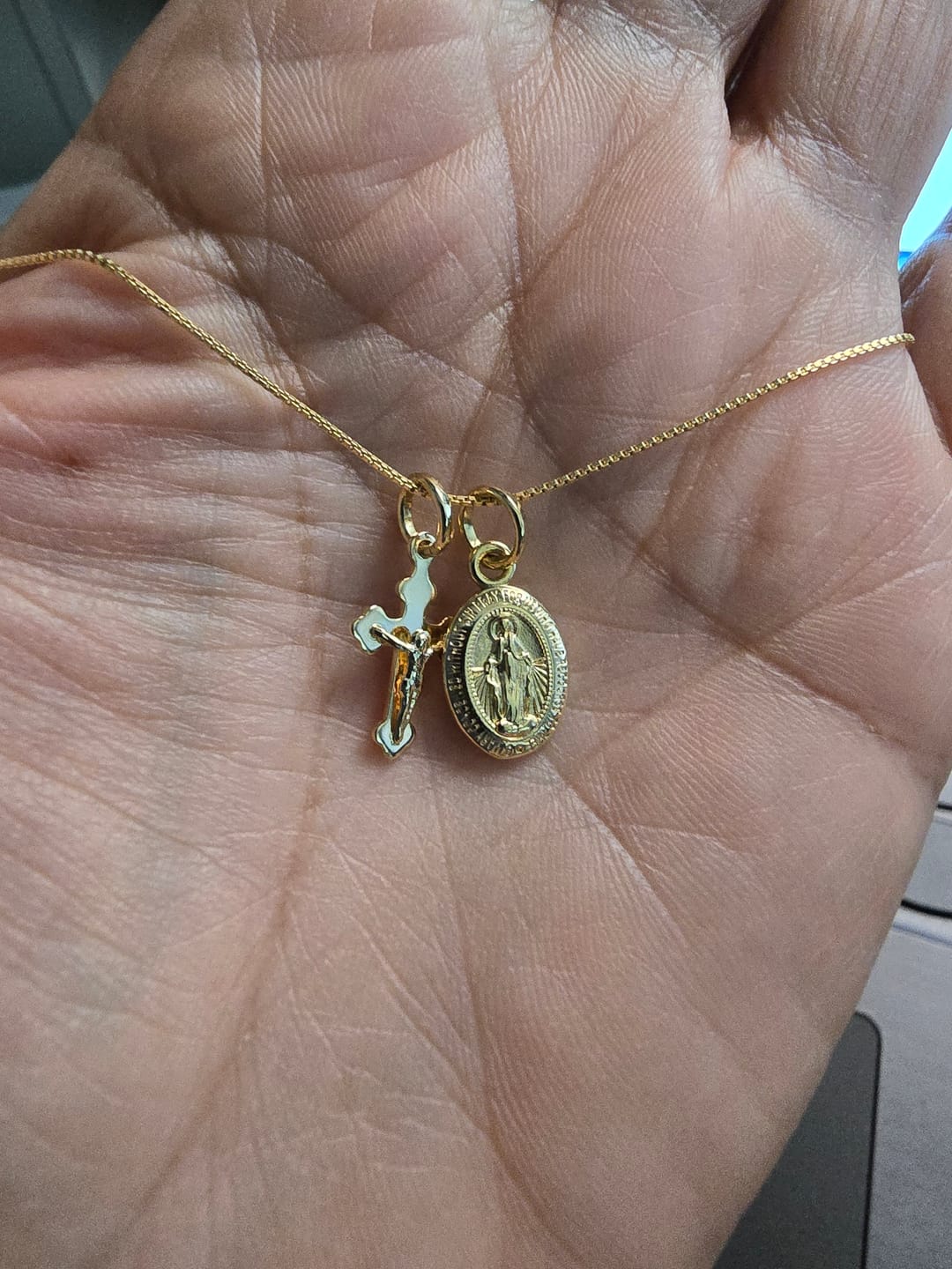 Customer photo review of Petite Miraculous Medal + Petite Crucifix Gold Filled Dainty Chain Necklace