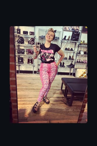 Customer photo review of Cigarette Pants in Pink Leopard Print - Vixen by Micheline Pitt