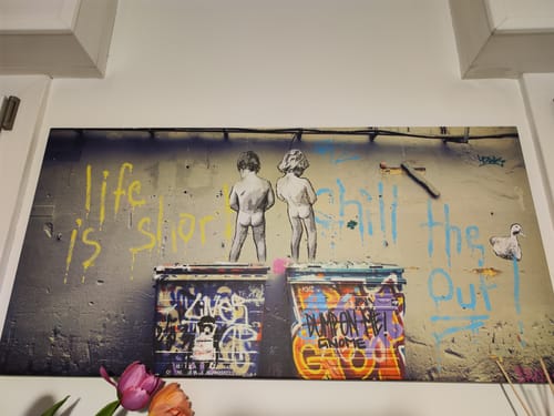 Customer photo review of Peeing Boys Life Is Short Chill The Duck Out Wall, Banksy