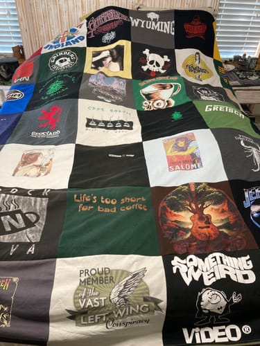 T-shirt quilt with music, coffee themes by Candace from TX