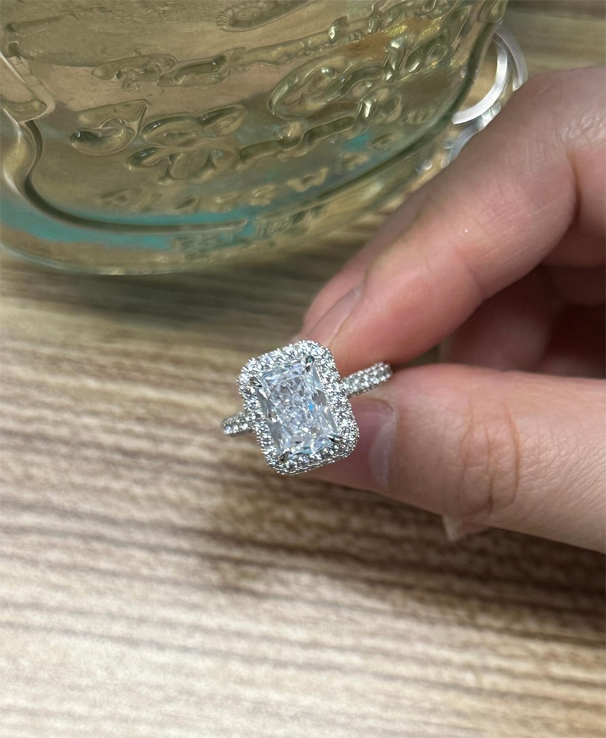 Customer photo review of S925 Noble Halo 3.5Ct Radiant Cut Engagement Ring Vintage Ring For Everyday Wear