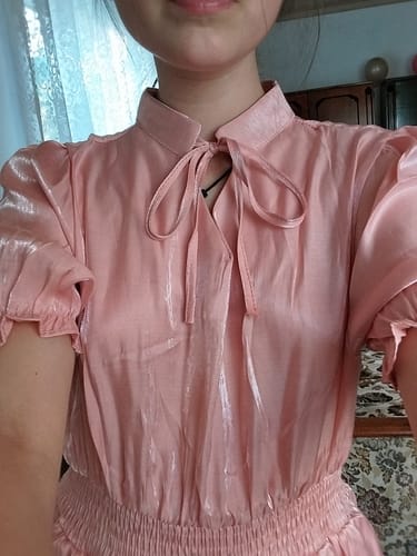 Customer photo review of Rochie Faye roz deschis cu decolteu rotund reglabil si elastic in talie