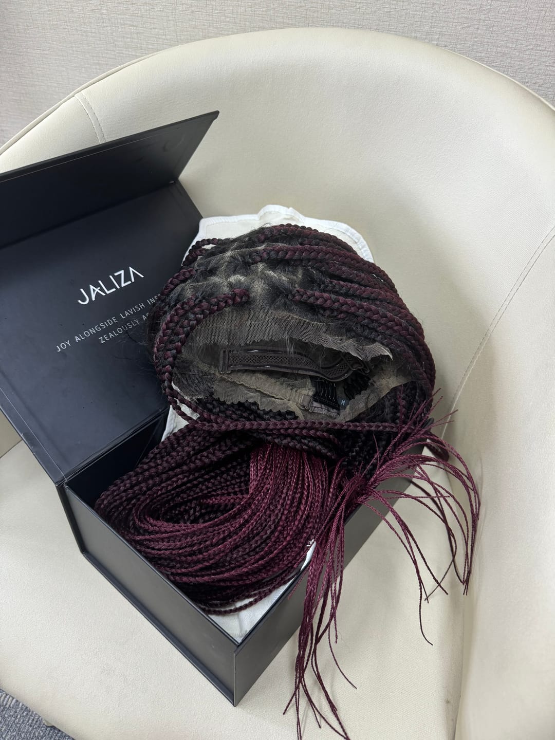 Customer photo review of Kora - Pre Bleached Human Hair Lace Lightweight Knotless Swiss HD Lace Box Braided Wig 100 Strands