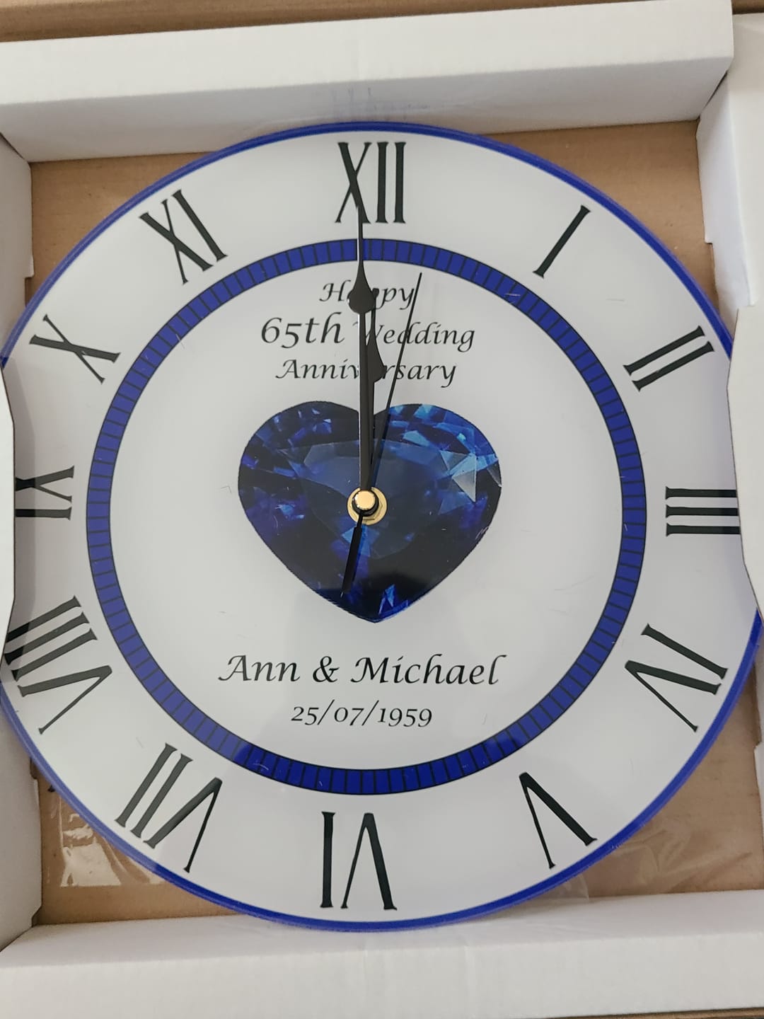 Customer photo review of 65th Blue Sapphire Wedding Anniversary Clock - Bespoke Personalised Anniversary Gift (30cm Silent Clock)