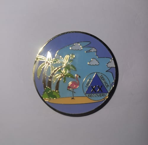 Customer photo review of 1 to 60 Year Beach Themed Specialty AA Recovery Medallion - Tri-Plated Chip/Coin
