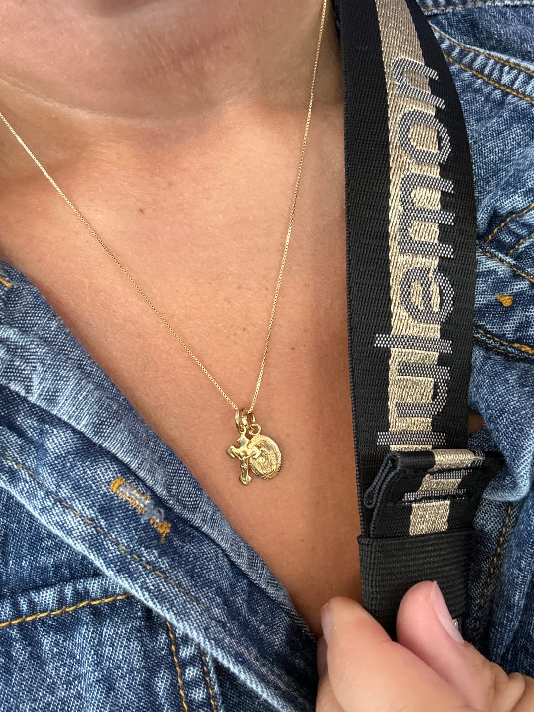 Customer photo review of Petite Miraculous Medal + Petite Crucifix Gold Filled Dainty Chain Necklace