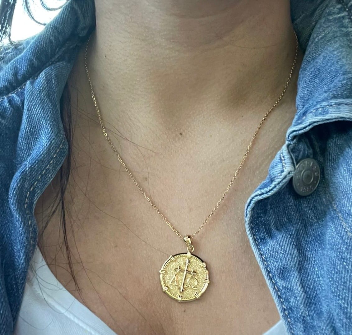 Customer photo review of Alpha Omega Fleur-de-Lis Cross Medallion Necklace