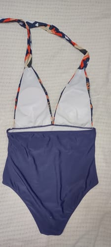 Customer photo review of Blue 1940s Tropical Deep-V Halter Swimsuit