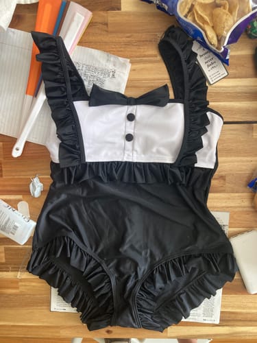 Customer photo review of Black 1960s Tuxedo Ruffle Strap Swimsuit