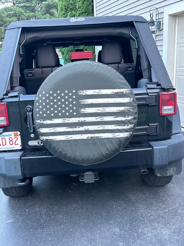 Customer photo review of American Flag Spare Tire Cover, USA Patriotic Distressed Backup Camera Hole Wheel Unique RV Back Cars RV Men Women Girls Trailer Campers