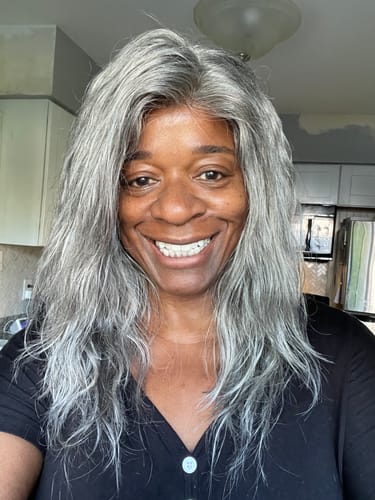Customer photo review of Luvwin Salt & Pepper Gray Straight Layered Cut Beginner Friendly Glueless Wig 100% Human Hair