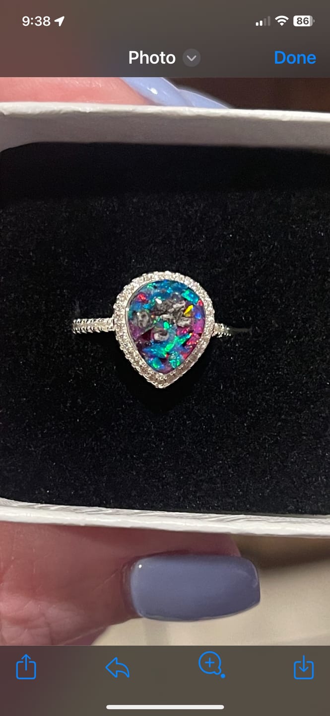 Customer photo review of Bedazzled Pear Opal Ring with Cremation Ashes
