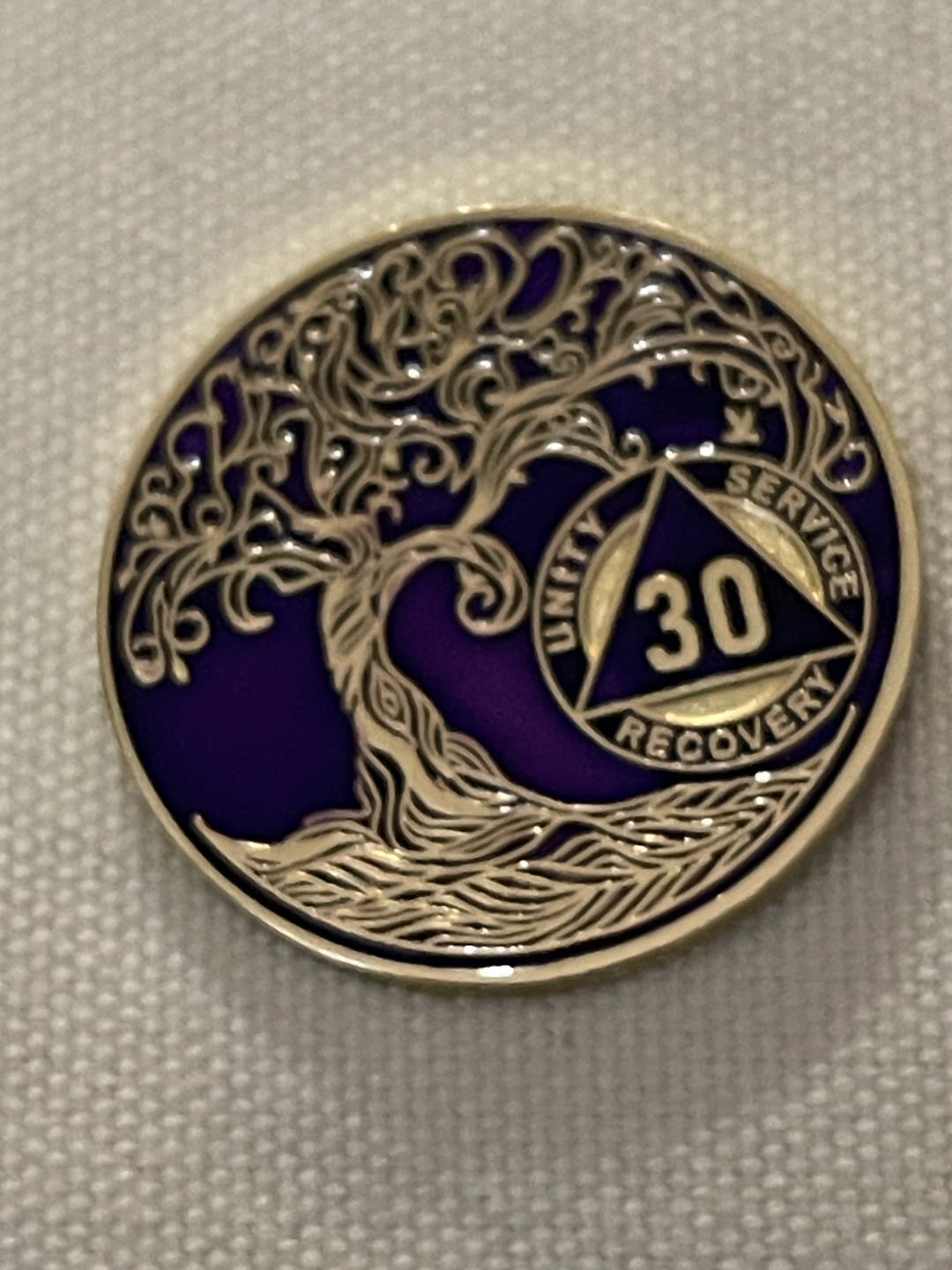 Customer photo review of 1 to 50 Year Sobriety Mint Twisted Tree of Life Gold Plated AA Recovery Medallion/Chip/Coin - Purple