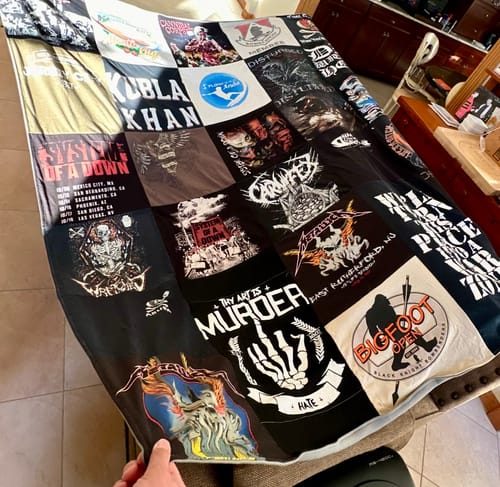T-shirt quilt with music, rock themes by Sam from NJ